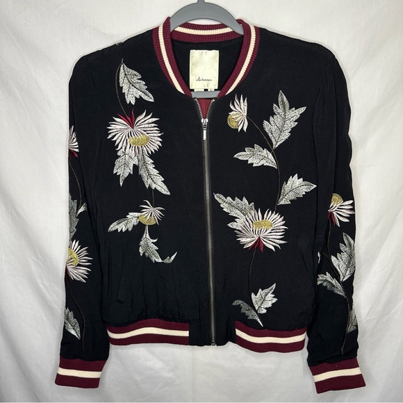 elevenses Jackets & Blazers - Elevenses Black Bomber Jacket with Floral Embroidery